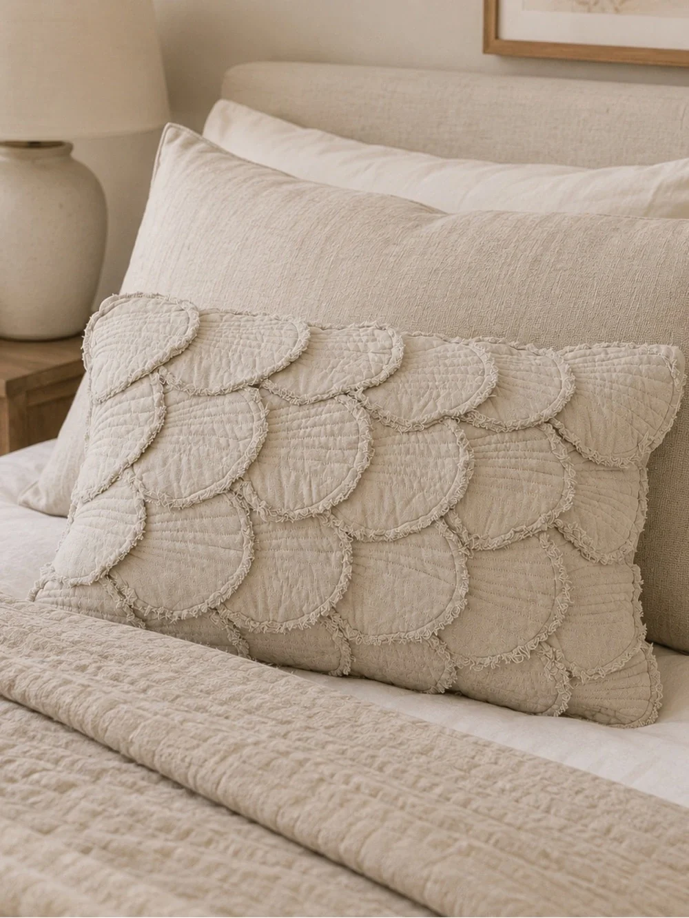 Creative Co-Op Cotton Lumbar Pillow With Appliqued Quilted Seashells, Sage